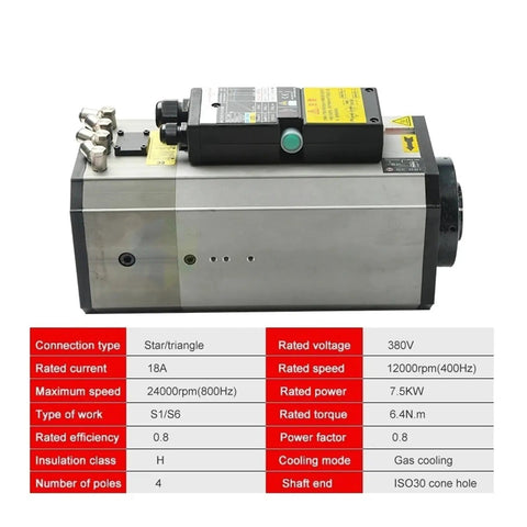 7.5 KW Air Cooled Automatic Tool Change Spindle Motor 24000 RPM ISO30 Taper CNC Router showing side view with gas cooling system.