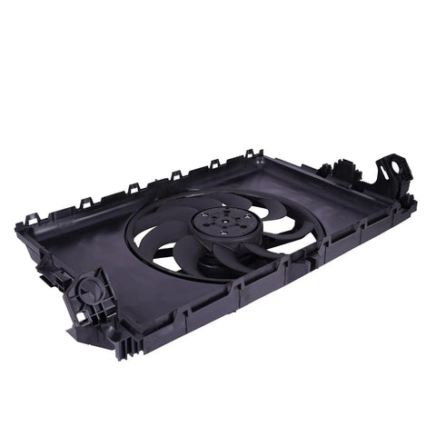 Knockout Direct Swap Tesla Model 3 Radiator Cooling Fan Assembly With Brushless Motor fits 2017 through 2021, showing black plastic design.