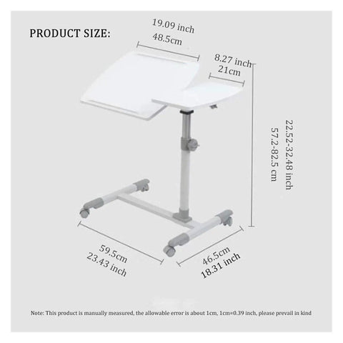 Slick Height Adjustable Laptop Table With Smooth Rolling Locking Casters Premium Couch Side Stand dimensions showing height and width.