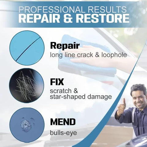 Windshield Repair Kit Two Piece Car Glass Fix Set With Nano Resin Filler For Chips And Cracks Quick Fix That Gets Cracks Gone Glass Kit Auto Windshield Tool showing repair categories: Repair, Fix, Mend.