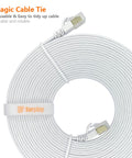 Cat7 10ft Flat Ethernet Cable Shielded With Ground Wire And Gold Plated RJ45 For Router TV Xbox PS5 PS4 NAS Ultra Slim White Patch Cord Up To 600MHz And 10Gbps High Speed Network Connection coiled with connectors visible