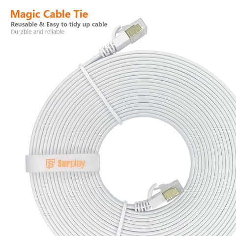 Cat7 10ft Flat Ethernet Cable Shielded With Ground Wire And Gold Plated RJ45 For Router TV Xbox PS5 PS4 NAS Ultra Slim White Patch Cord Up To 600MHz And 10Gbps High Speed Network Connection coiled with connectors visible