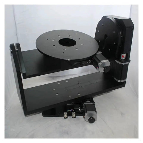 Motorized Rotary Positioning Stage With Precision Electric Three Dimensional Rotary Table For Multi Dimensional XYZ Alignment And Pro Grade Accuracy Rotary Workbench For CNC Optical And Laboratory Applications in black metal frame