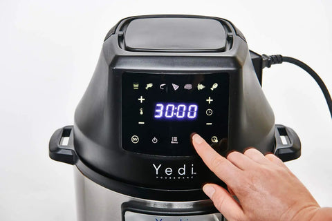 Level Up Your Cookware Game With This Smart Air Fryer Lid And Dehydrator Attachment Compatible With 6 Quart Electric Pressure Pots Featuring Seven Quick Presets Diy Custom Settings And A Handy Delay Timer To Free Up Counter Space And Whip Up Crispy with control panel displaying timer.