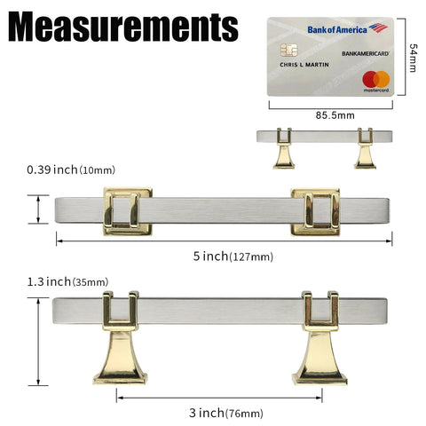 10 Pack 3 Inch Cabinet Handles In Brushed Nickel And Gold Finish with detailed measurements for easy installation.