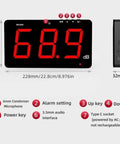 SW 525A Sound Level Meter With Alarm 30 To 130 dB Large Red LCD Display showing dimensions and labeled features like microphone and keys.