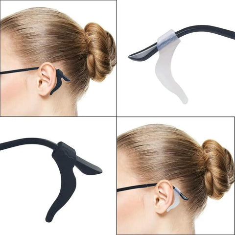 20 Pairs Anti Slip Silicone Eyeglass Ear Clips With Storage Box Safety Retainers on glasses, black and white