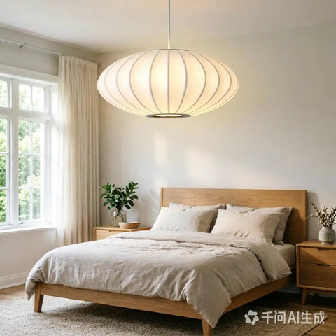 AFSEMOS 20" Japanese Wabi Sabi Pendant Light Silk Hanging Lantern Lamp above a cozy bed in a bright bedroom.