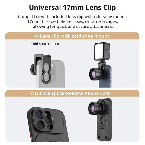 Phone Macro Lens With 10x Optical Magnification And 75mm Focal shown with 17mm lens clip and cold shoe mount on smartphone.