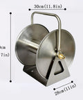 Heavy Duty Wall Mount Metal Garden Hose Reel Featuring Legit Stainless Steel Storage Rack, 30cm x 40cm dimensions.