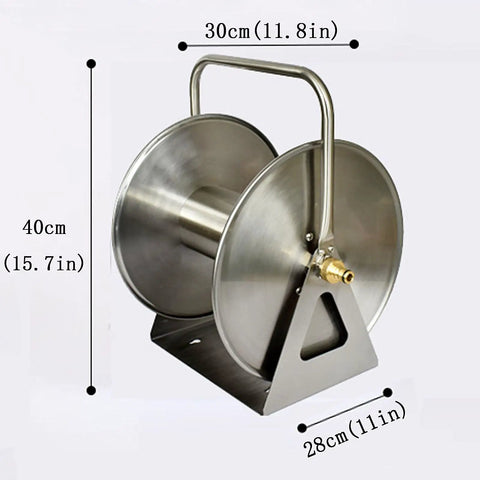 Heavy Duty Wall Mount Metal Garden Hose Reel Featuring Legit Stainless Steel Storage Rack, 30cm x 40cm dimensions.