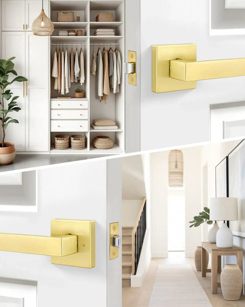 Brushed Gold Passage Door Handles 2 Pack For Interior Doors Keyless Non Locking Lever Set For Hallways And Closets Reversible Heavy Duty Zinc Alloy Hardware Perfect For High Traffic Rooms on white door