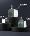 Front view of three submersible water pumps labeled 400GPH, 540 GPH Submersible Water Pump With Auto Shut Off And Adjustable Flow, and 800GPH on black stands.