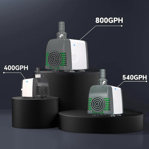 Front view of three submersible water pumps labeled 400GPH, 540 GPH Submersible Water Pump With Auto Shut Off And Adjustable Flow, and 800GPH on black stands.