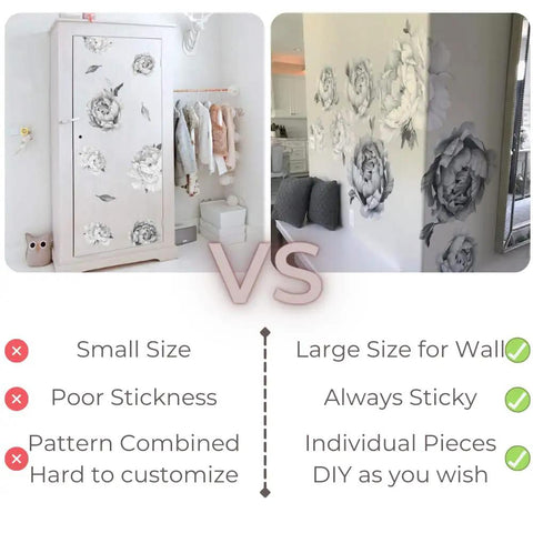 Comparison of small wall decals vs Jumbo Peony Watercolor Wall Decals Set, Large Floral Peonies with Leaves for Room Decor
