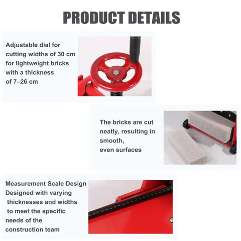 Wheeled Paver Cutter With Eight Bearing Rolling Platform Heavy Duty Steel Frame Precise Lightweight Brick Cutter For AAC And Foam Blocks Clean Smooth Cuts Fast Labor Savings Durable Performance, measurement scale and wheel detail