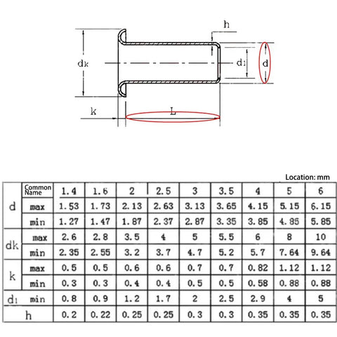 Technical drawing and dimensions for Copper Hollow Rivets Kit For Circuit Boards M0.9 M1.3 M1.5 M1.7 Mixed Sizes For PCB Nails Grommet Tool Three Eighth Inch No Fuss Fast Easy Soldering And Secure Mounting