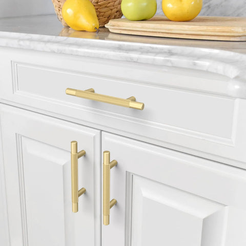 Brushed Gold Knurled Cabinet Pulls, 10 Pack, 3 Inch Center To Center Holes, Solid Zinc Alloy Kitchen Cabinet Handles installed