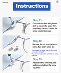 Instructions for Gripping Silicone Air Bag Eyeglass Nose Pads Replacement Kit with screwdriver and tweezer for easy use.