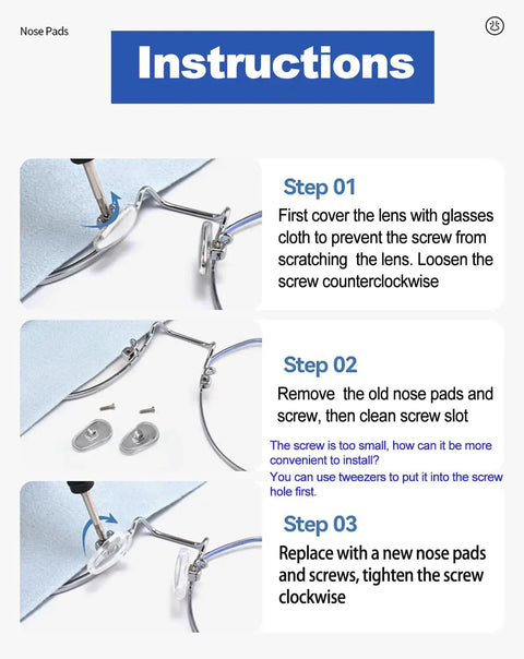 Instructions for Gripping Silicone Air Bag Eyeglass Nose Pads Replacement Kit with screwdriver and tweezer for easy use.