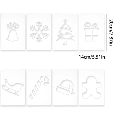 Level Up Your Crafting Game With This Top Notch Eight Piece Acrylic Router Template Set Featuring Precisely Cut Heart And Snowflake Cutting Guides Made For No Sweat Wood Engraving Fabric Decorating And Festive Season Projects - Stencils with designs including bell, snowflake, tree, present, sleigh, candy cane, hat, and gingerbread.