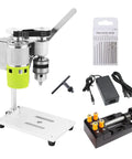 Compact 24V Mini Drill Press For Handicraft And Jewelry Making 7 Speed Low Noise Benchtop Drill with accessories on display