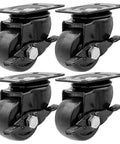 Four 2 Inch Heavy Duty Polyurethane Caster Wheels With Side Locking Brake, Double Ball Bearing, Industrial Grade, Solid Low Profile
