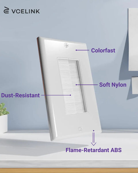 Brush Wall Plate Cable Pass Through In Wall Cable Management Single Gang Decorator Wall Cover White, side view