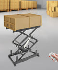 Sturdy Scissor Lift Table With Remote control Adjustable Platform Handles 180 Lbs lifting a crate in a warehouse.