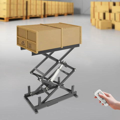 Heavy Duty Electric Double Scissor Lift Platform With Remote Control, Motorized Hydraulic Height Adjustable Lifting Table For Workshop Material Handling Jobs Supporting Up To 180 Lbs with crate.