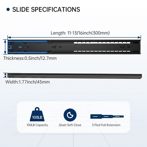 Heavy Duty Black Soft Close Drawer Slides One Pair 12 Inch Cabinet Runners with specifications, steel for remodels.