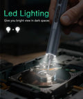 47 Magnetic Bits Mini Electric Screwdriver Kit With Bright LED Light illuminating a hard drive for repair in dim lighting.