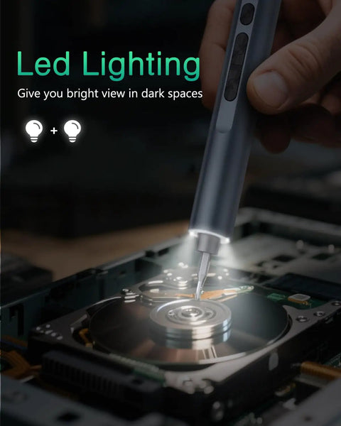 47 Magnetic Bits Mini Electric Screwdriver Kit With Bright LED Light illuminating a hard drive for repair in dim lighting.