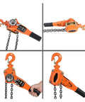 Heavy Duty 3 Ton Lever Hoist Pulley Chain Block For Serious Lifting Jobs Comes With 3M Chain And Sweet Ratchet Gear In Bright Orange Color, showing various angles.