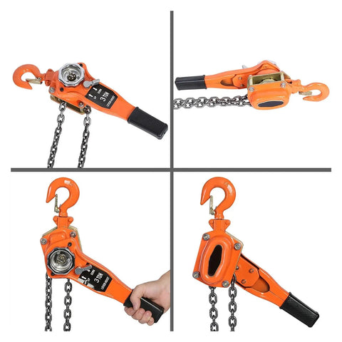 Heavy Duty 3 Ton Lever Hoist Pulley Chain Block For Serious Lifting Jobs Comes With 3M Chain And Sweet Ratchet Gear In Bright Orange Color, showing various angles.