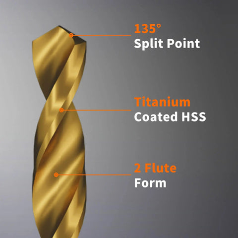 Close-up of Titanium Coated Drill Bit Set For Metal, Wood, Plastic And Aluminum By ENERTWIST showing 135° split point and coating details.