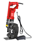 Heavy Duty Electric Hydraulic Punching Machine Rips Through Angle And Channel Steel With Ease 16 Ton Power with red handle and foot pedal.