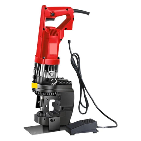 Heavy Duty Electric Hydraulic Punching Machine Rips Through Angle And Channel Steel With Ease 16 Ton Power with red handle and foot pedal.