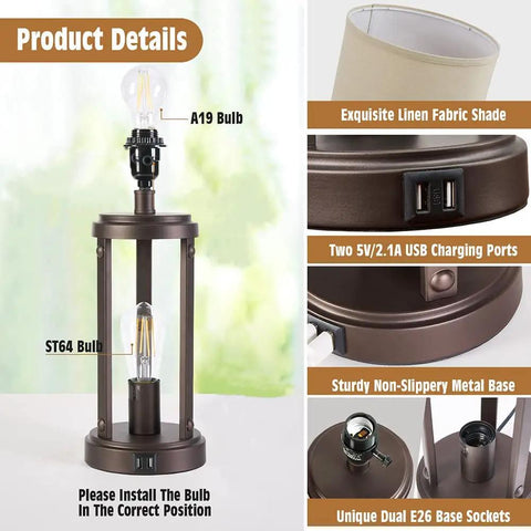 Farmhouse Table Lamps Set Of 2 With Touch Control And 3 Way Dimming, featuring fabric shade, USB ports, and metal base details