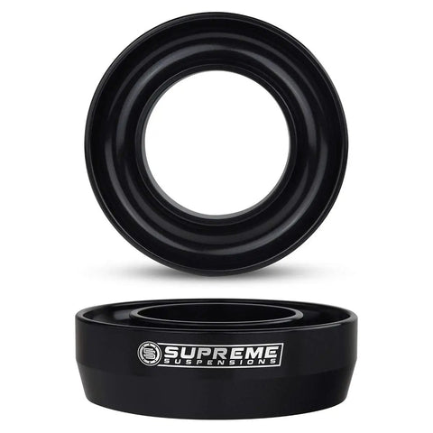Black coil spring lift spacers from 2.5 Inch Front Leveling Kit For 1999-2007 Chevrolet Silverado 1500 And GMC Sierra 1500 2WD