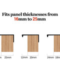 Diagram showing Brushed Gold Aluminum Alloy Concealed Drawer Pulls 2 Pack For Cabinets And Doors, fitting panels 16mm to 25mm thick.