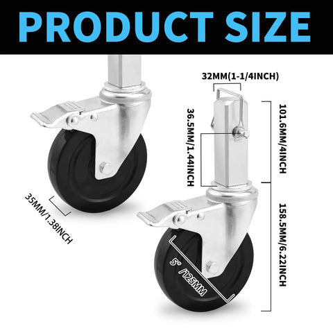 Five Inch Scaffolding Wheels, Scaffold Caster Set Of Four, detailed dimensions with heavy duty rubber tires and square stem.