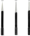Nails It Dead On Center Punch Set With Knurled Grip Adjustable Spring Loaded Impact Tool For Wood Metal Plastic Built Like Iron Zero Sweat Workshop Essential That Truly Gets The Job Done showing three sizes: 1/16", 3/32", and 1/8".