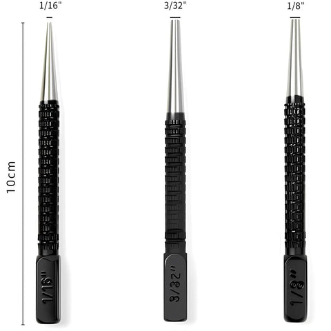 Nails It Dead On Center Punch Set With Knurled Grip Adjustable Spring Loaded Impact Tool For Wood Metal Plastic Built Like Iron Zero Sweat Workshop Essential That Truly Gets The Job Done showing three sizes: 1/16", 3/32", and 1/8".