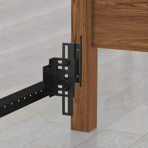 Heavy Duty Rock Solid Hook On Bed Frame Conversion Bracket Kit With Quick Install Hardware Bolt On To Hook On Headboard Or Footboard Black Steel attached to wooden bed leg.