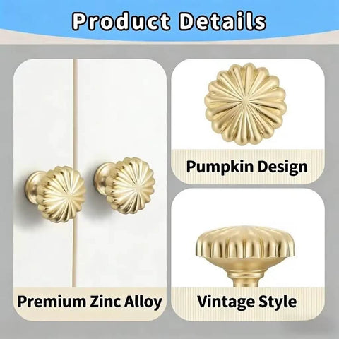 Six Pack Gold Pumpkin Shaped Cabinet Knobs With Screws showcasing zinc alloy and vintage style design details