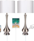 Pair Of Lit Touch Table Lamps For Bedroom And Living Room, Silver Metal Base With Fabric Shade, USB Port, 30 Inch Tall Nightstand End Table Lamps, Set Of 2, Modern Home Decor