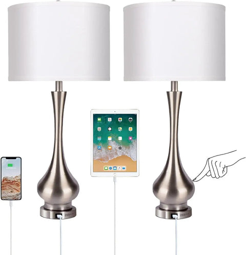 Pair Of Lit Touch Table Lamps For Bedroom And Living Room, Silver Metal Base With Fabric Shade, USB Port, 30 Inch Tall Nightstand End Table Lamps, Set Of 2, Modern Home Decor