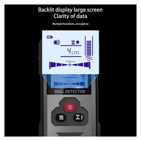 Heavy Duty Wall Scanner With Instant Depth Reading displays backlit screen showing clarity of data for detecting studs and wires.
