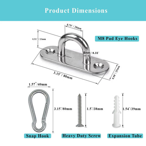 Stainless Steel Pad Eye Hooks Kit For Ceiling Hanging 1200 Lb Capacity Heavy Duty Snap Hooks With Screws Silver Oval 4 Pack For Hammocks Plant Hangers And Marine Hardware, dimensions shown
